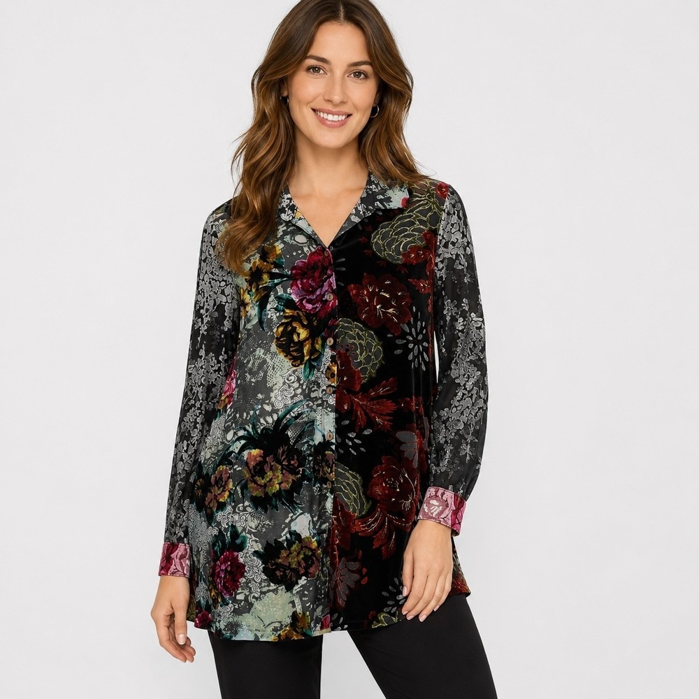 John Mark Velvet Burnout Button Up Tunic Blouse Womens S Floral Sheer Boho Long